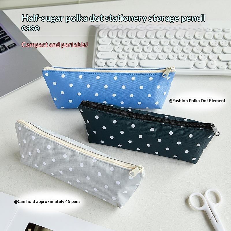 Portable Polka Dot Design Pencil Case Zipper Closure Large Capacity Student Stationery Bag Organizers