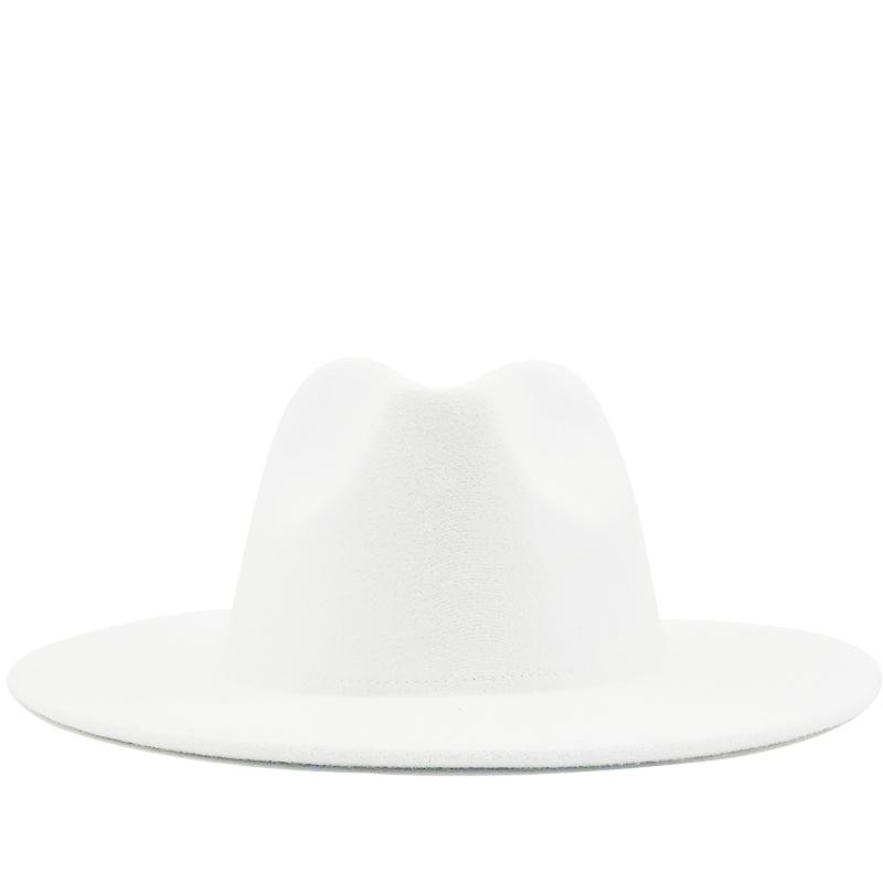 Simple Outer White Inner Black Wool Felt Jazz Fedora Hats with Thin Belt Buckle Men Women Wide Brim Panama Trilby Cap 56-58-60CM