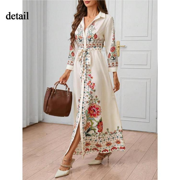 Damen Sommer Maxikleid mit Blumendruck Lässiges lockeres Langarm Hemdkleid mit Knopfleiste, Bindegürtel und Puffärmeln