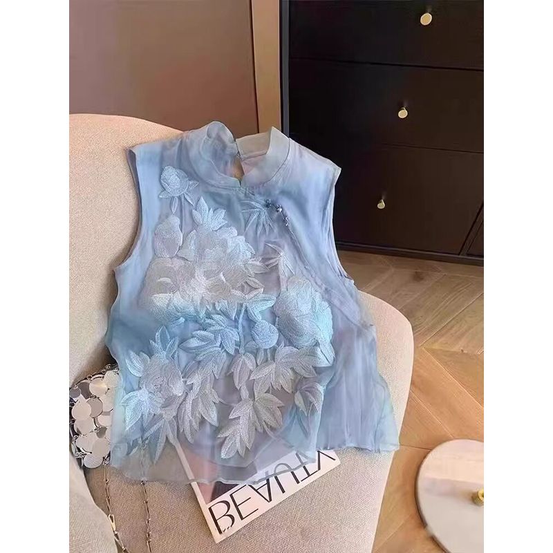 

Blue New Chinese Style Traditional Stylish Machine Embroidery Crossbody Stand Collar Chiffon Shirt Spring and Summer Beautiful Sleeveless Vest Blue M
