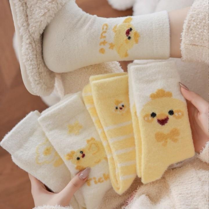 Autumn and Winter Thicken Warm Women Socks Cute Cartoon Chick Fleece Medium Tube Socks Japanese Kawaii Thermal Home Floor Socks