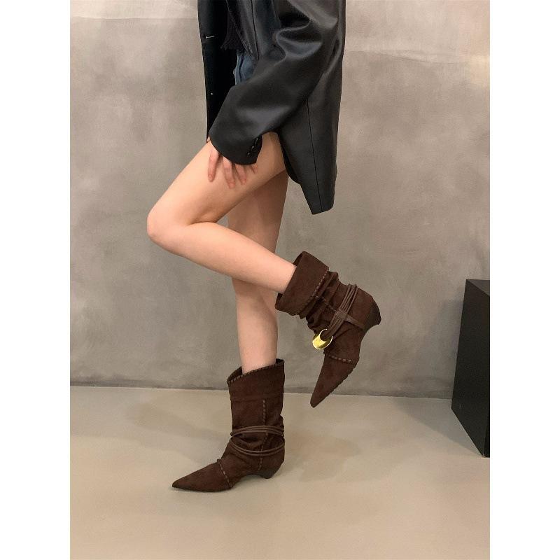 Thick Heel Pointed Suede Pile Boots Medium Knight Boots Women's Boots Season Western Cowboy Skinny Boots