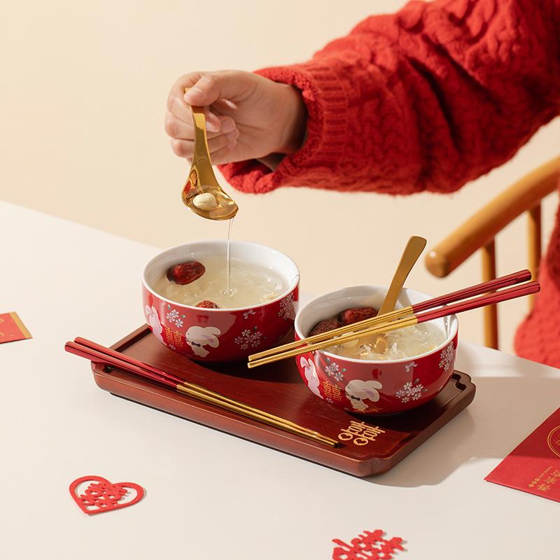 Double Happiness Red Bowl & Chopsticks Set - Wedding, Housewarming, Birthday, Anniversary Gift