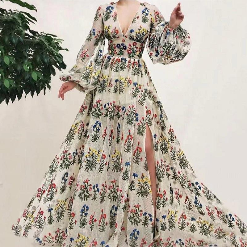Bohemian Vintage Floral Pattern Colorful Embroidered Sexy Loose Maxi Dress For Women Summer Fashion Casual Beachwear