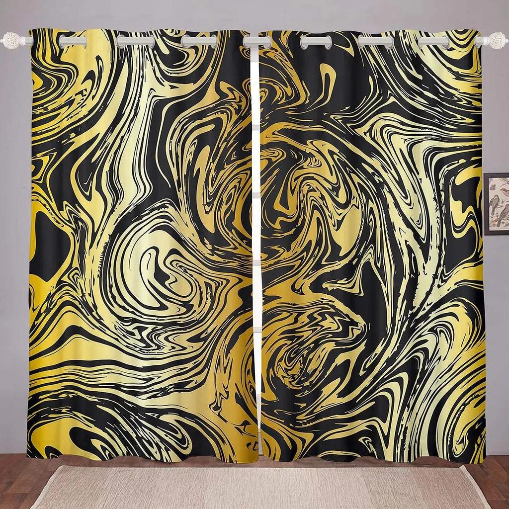 2pcs Black Golden Fluid Marble Print Polyester Curtain Window Treatment For Bedroom Office Kitchen Living Room Study Home Decor