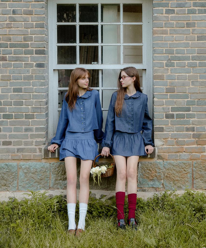 Letter From Moon Poi Lace Denim Skirt (Dark Blue)