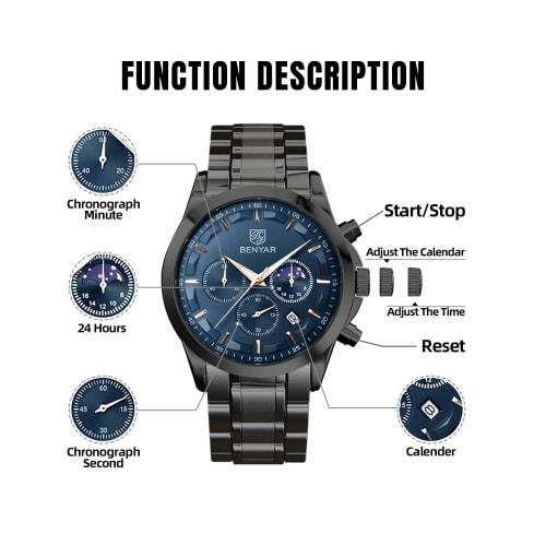 BENYAR Men's Watch Analog Quartz Movement Chronograph Watch Casual Sports Design Stainless Steel Strap 30M Waterproof Elegant Gift for Men Black Blue