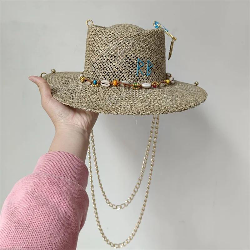 Classic Straw Hat Handmade Design Hat Pearl Chain Summer Sun Hat New Letter Hat Beach Women Gorras Para Hombres