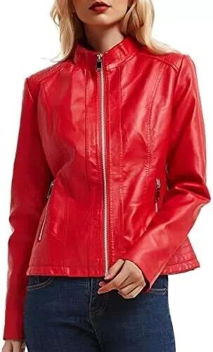 New Red Leather Jacket Women's 100% Original Lambskin Soft Fit Front Zip Casual