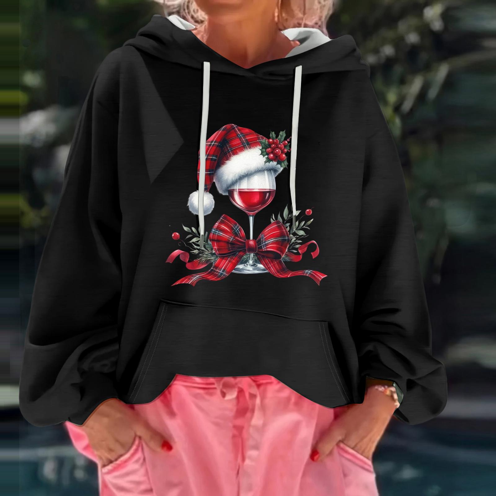 

Женский рождественский принт, свободный повседневный худи с длинным рукавом и капюшоном L чёрный