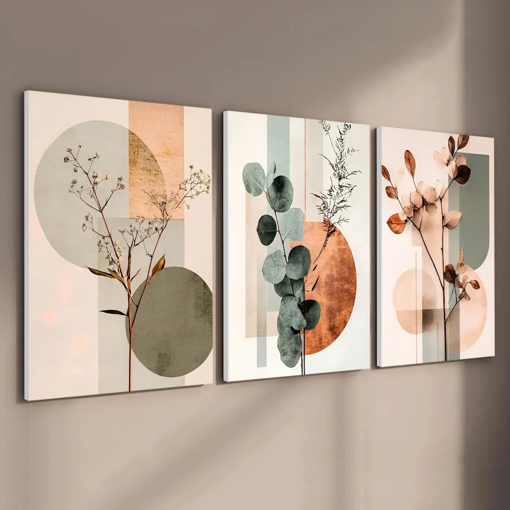 3pcs/set Geometric Plant Art Oil Painting Canvas with Wood Frame Draw Wall Decor Home Room Decorations
