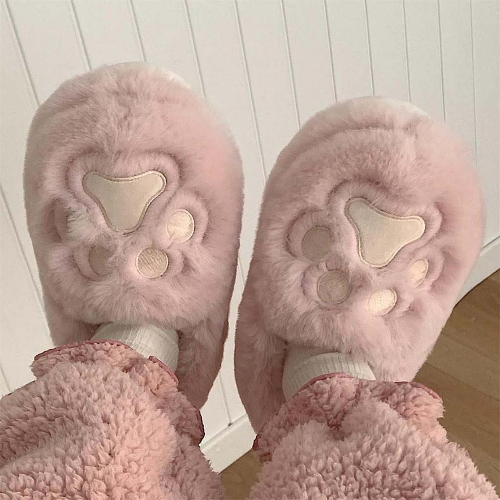 Women's Cute Korean Style Heart Plush Winter Slippers with Cat Paw Design and Soft Full Heel