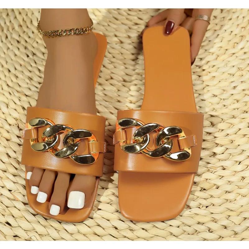 Fashion New Fashion Women's Slippers Square Toe Chain Slippers Flat Slide Sandals Beach Flip Flops Metal Decoration Casual Shoes
