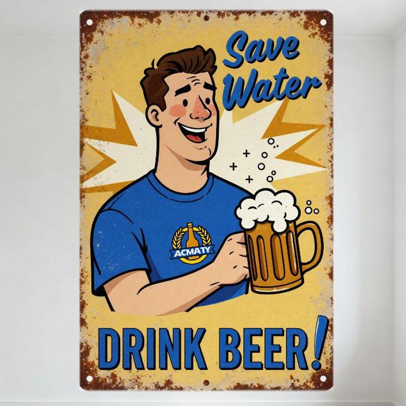 

Vintage Metal Sign with Rusty Cartoon Man in Blue T - shirt Holding Beer Mug, Save Water DRINK BEER! Home Bar Cafe Man Cave De 20x30cm（7.8x11.8inch）