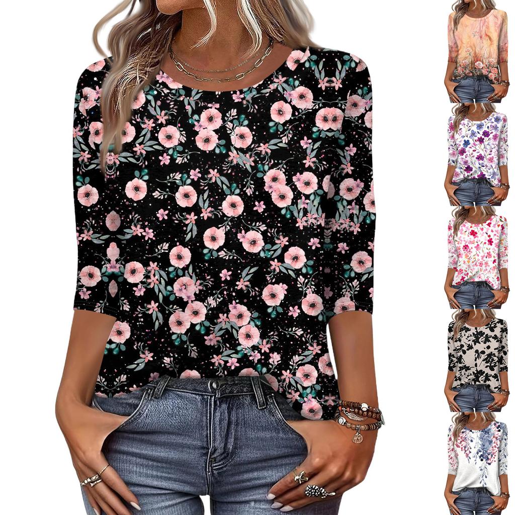 Women's Fashion Casual Round Neck 3/4 Sleeve Loose  Printed T-Shirt Ladies Top