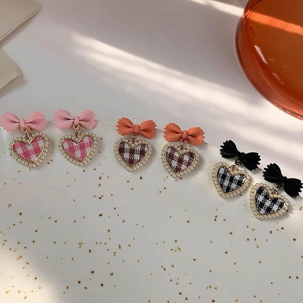 Trend Heart Dangle Earrings Handmade Hanging Love Grid Bowknot Earrings Ornament for Women Girls Wedding Party Jewelry