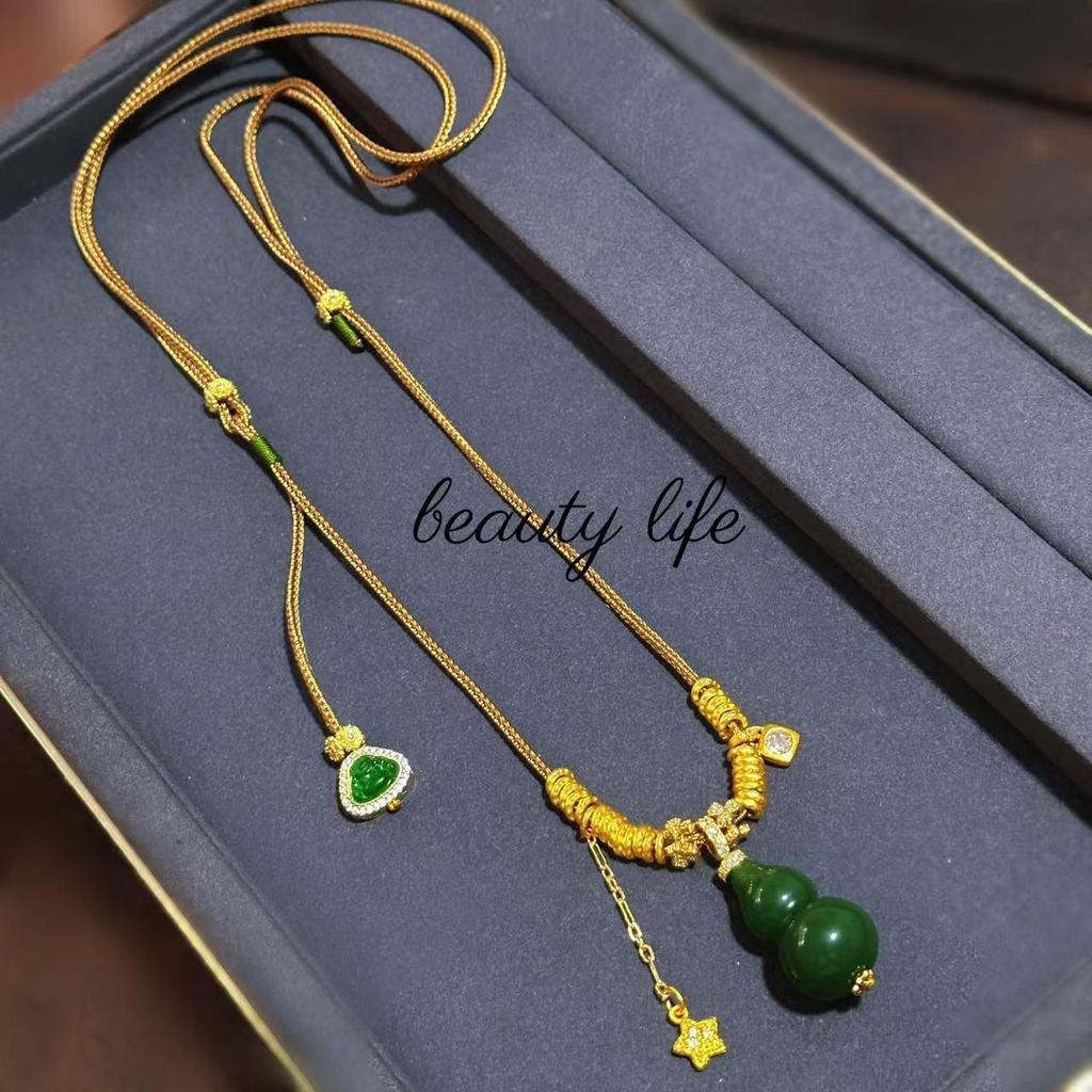 Chinese Retro Buddha Jade Gourd Tassel Necklace for Women