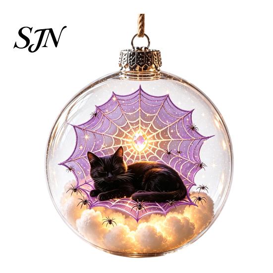 Dormitory Festive Accessory Halloween Glowing Sphere, Lighted Clear Ball Ornament, Cute Witch Seasonal Home Decoration Cat, LED Hanging for
