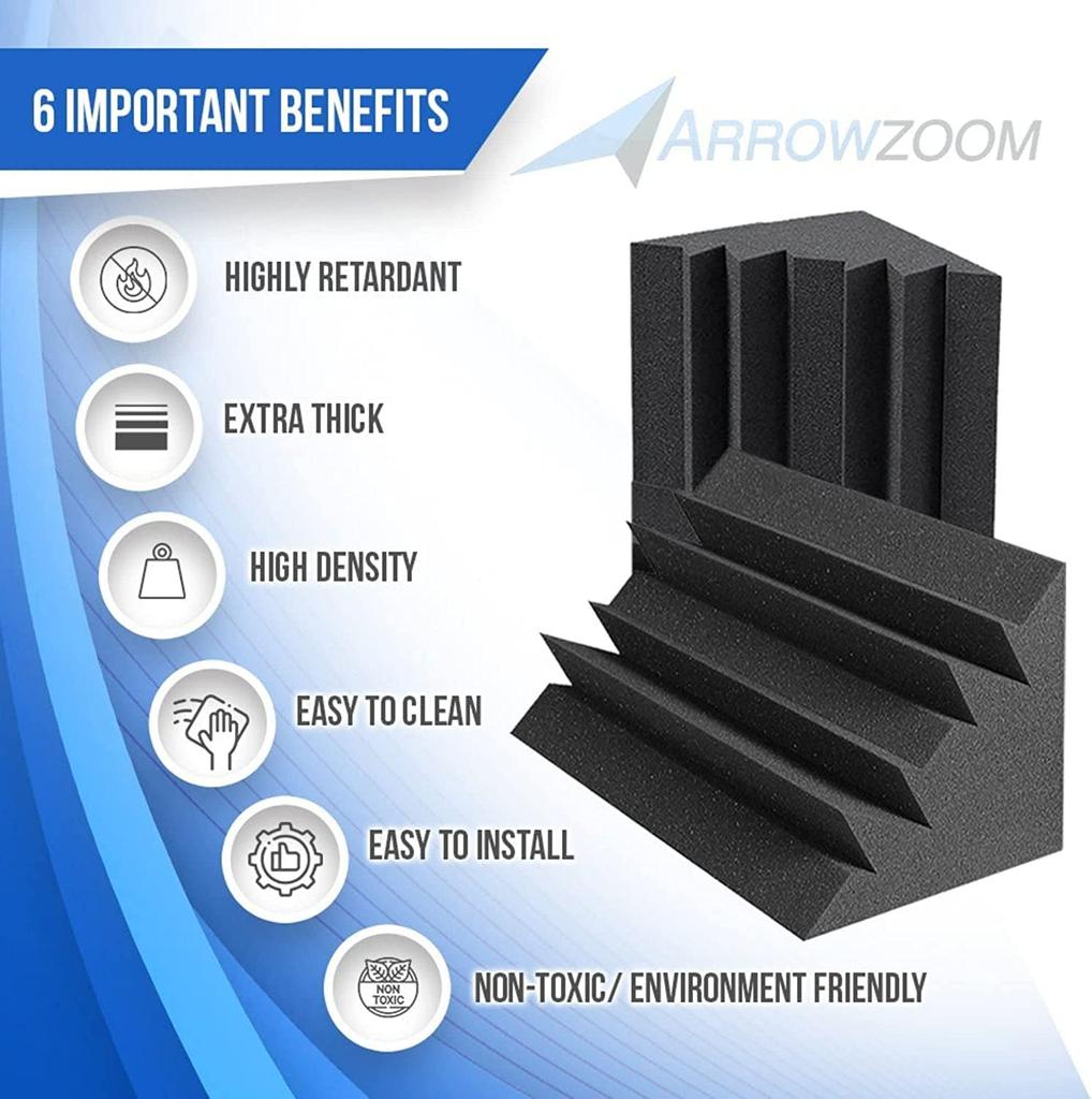 Arrowzoom 12-Piece Black Corner Bass Traps, 120 X 120 X 240 Mm, Acoustic Foam Sound Absorbing Material, Polyurethane Noise Reduction Coefficient
