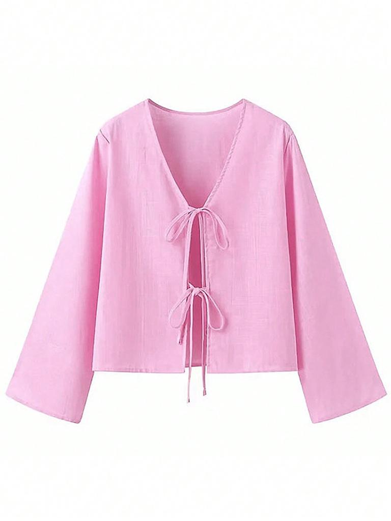 Lace-up Cardigan for Women 2025 Autumn New Style Spliced V-neck Fashion Solid Color Long-sleeved Shirt