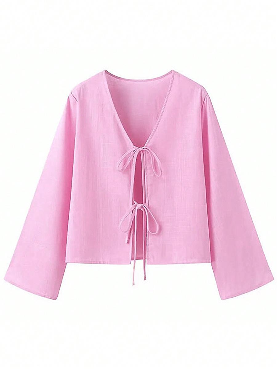 

Кардиган на шнуровке для женщин 2025 Осень Новый стиль Сращенный V-образный вырез Модный Однотонный Рубашка с длинным рукавом S розовый