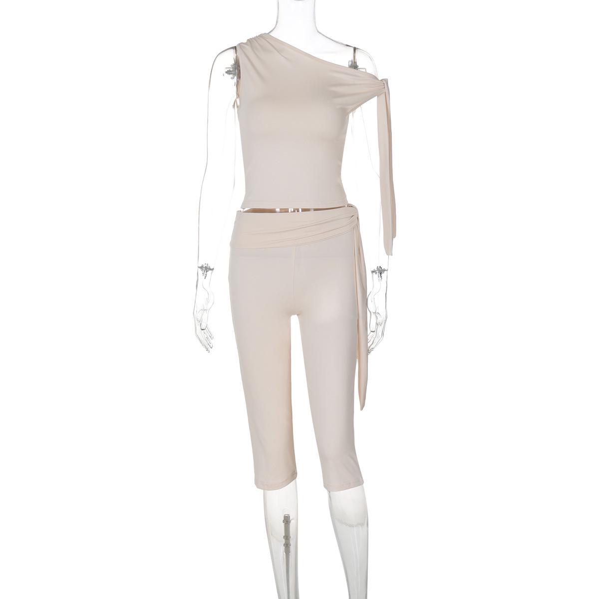 2026 Summer Women s Asymmetrical Neck Sleeveless Top & Lace-up Shorts Set - European & American Fashion Street Style S