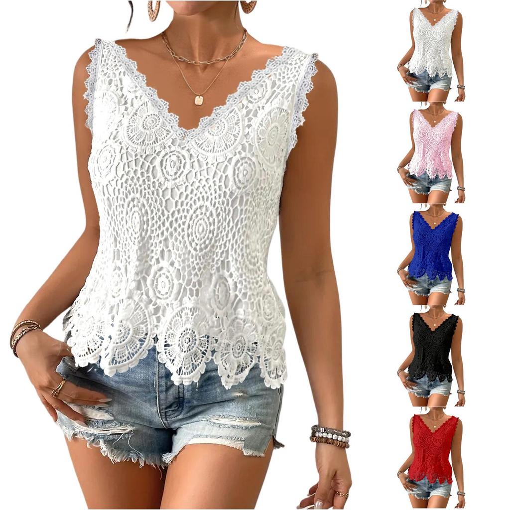 Sleeveless Crochet Lace V Neck Tank Top for Women Floral Pattern Scalloped Hem Casual Loose Fit Summer Blouse Shirt