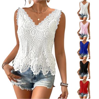 Women's Fashion Lace V-Neck Hollowed-Out Short Sleeveless Vest Top