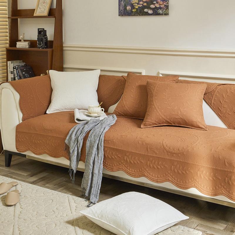 Vintage Embroidered All-Cotton Sofa Cushion with Non-Slip Lace, Four Seasons Universal Cover