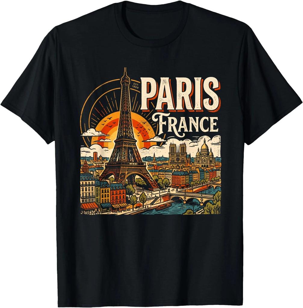 Paris France Eiffel Tower Retro Sunset Cityscape T-Shirt
