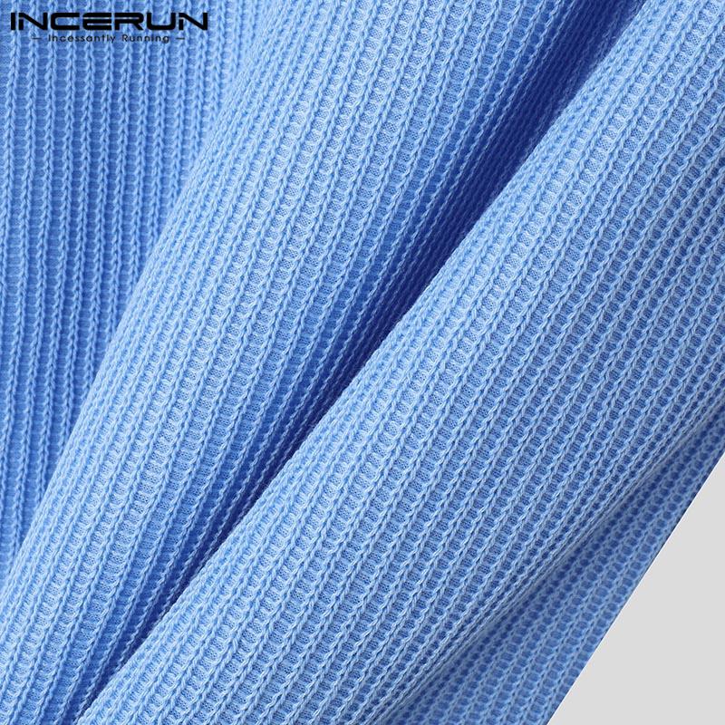 INCERUN Men Lapel Neck Solid Color Stitching Texture Casual T-shirt Tops