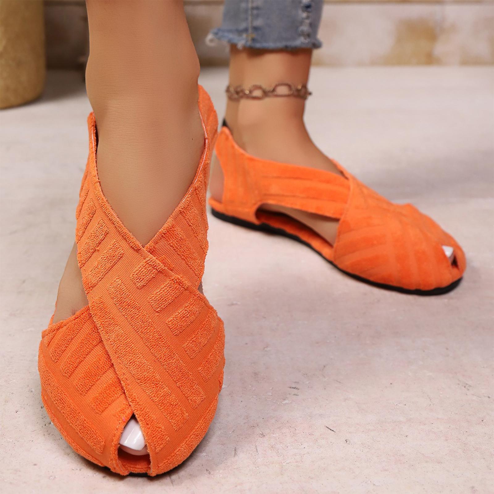 

Summer women s flat bottomed hollow fabric round headed elastic band toe sandals 43 шафрановий