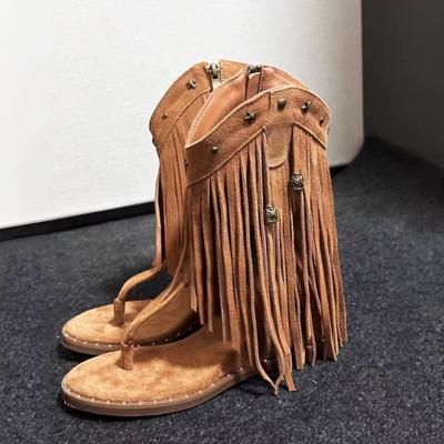 Sandalias de pinza de espiga de sauce con borla para mujer, nuevas, con plataforma interior, moda, versátiles, botas frescas, botas vaqueras