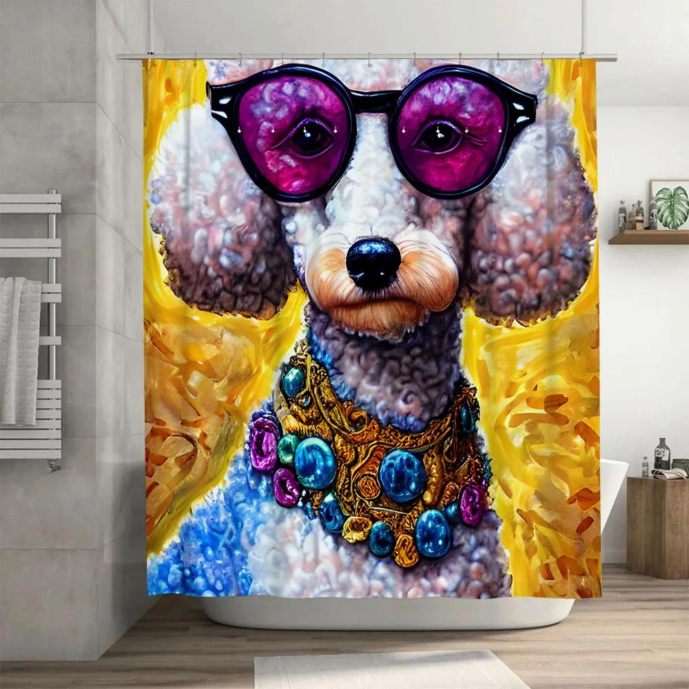Modern Bathroom Decor: Cool Poodle Shower Curtain with Sunglasses and Jewelry Printed Fabric Bath Liner for Home Decoration in V