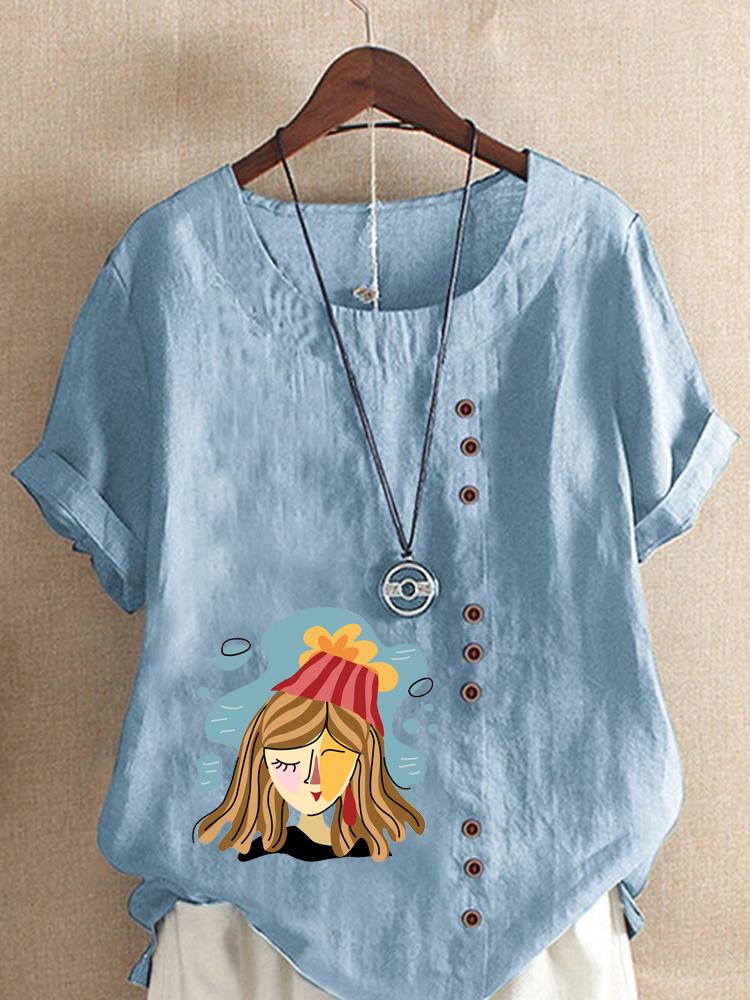Women's Fashion Abstract Girl Print Round Neck Short Sleeve T-shirt Summer Casual Cotton Linen Graphic Shirt Leisure Loose Blouse Tops