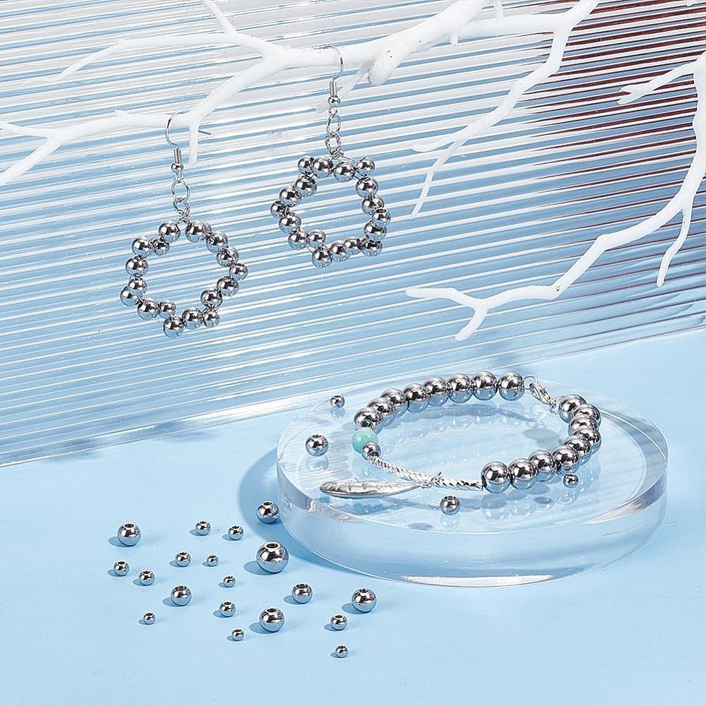 304 Stainless Steel Spacer Beads, Round, Stainless Steel Color, 3~8x2~6.5cm, Hole: 1~2.5mm, 290pcs/box
