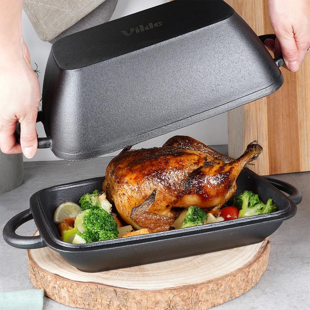 Cast Iron Roasting Pan, Goose Pot, Meat Roasting Dish 2 in 1