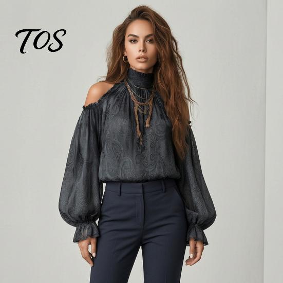 Damen Freizeithemden Damen Herbst Cold Shoulder Shirt, Vintage Ethno-Print Hoher Weicher Kragen Bluse, Rüschen Laternenärmel Oberteil