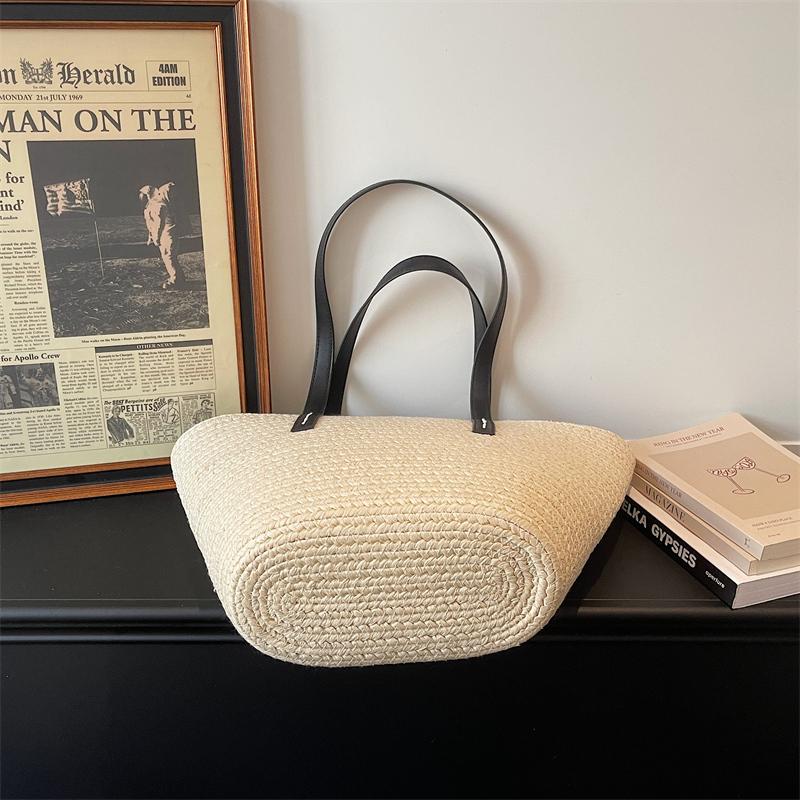 Borsa Tote in Paglia Intrecciata con Manici in Pelle Nera Grande Capacità Borsa da Spiaggia Estiva Borsa a Mano Casual da Donna per Uso Quotidiano