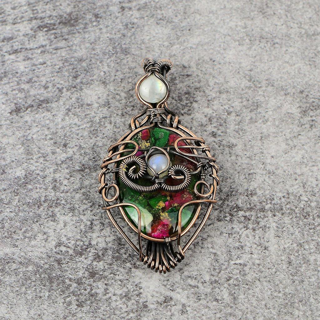 Multi Copper Turquoise & Rainbow Moonstone Pendant Gemstone Jewelry, 999 Copper Wire Wrapped Handmade Pendant, Latest Design Jewelry
