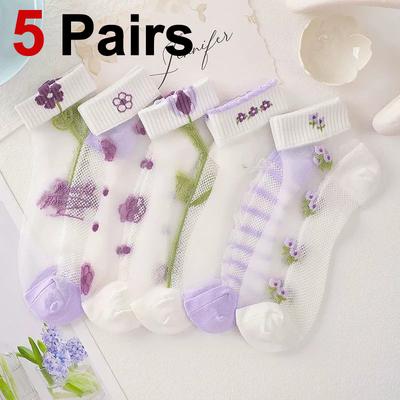 5 Pairs Women Flower Patterned Short Sock Fashionable Purple Flower Thin Breathable Sweat Absorbing Soft Comfortable Casual Sock