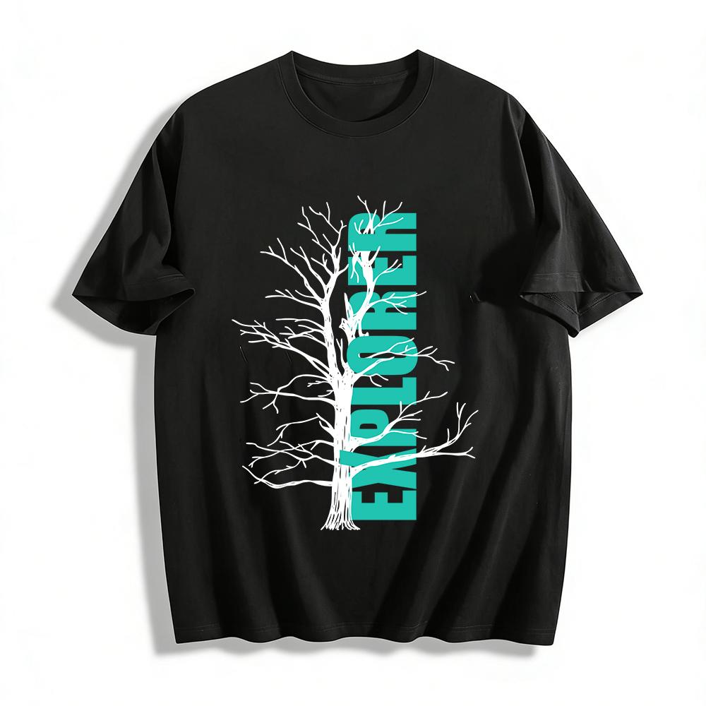 

Explorer Branch Print Casual Tee Unisex Loose Breathable Camping Top Pure cotton T-shirt XXS