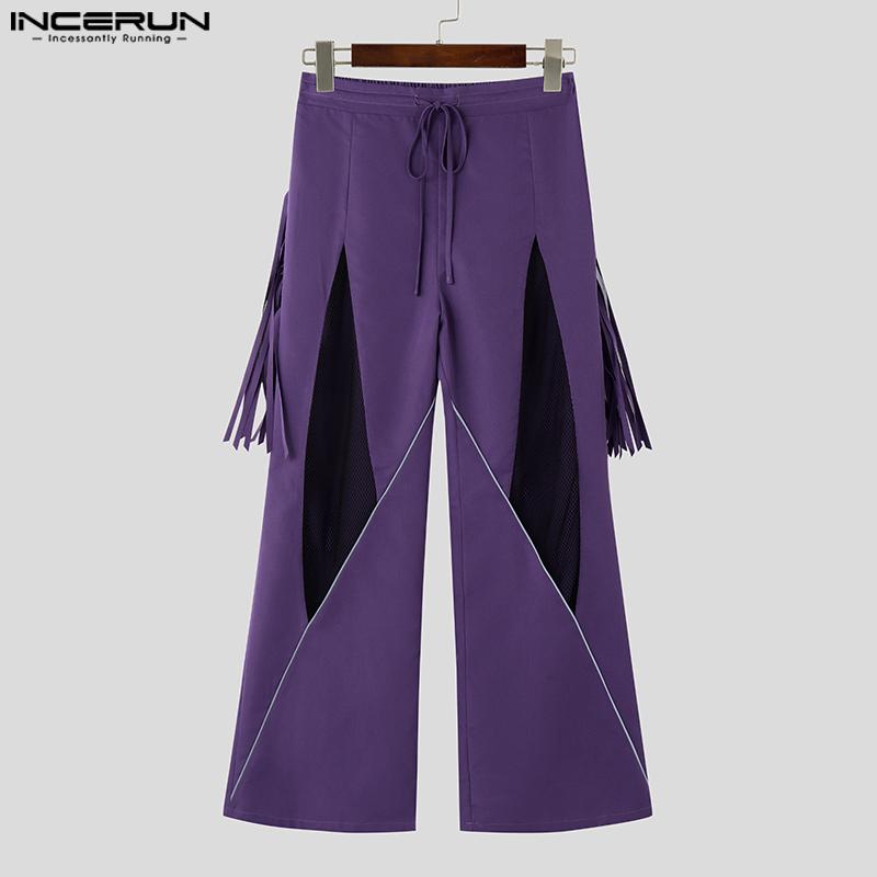 INCERUN Pánské dlouhé kalhoty se stahovací gumou v pase, ležérní kalhoty s třásněmi, patchwork ze síťoviny