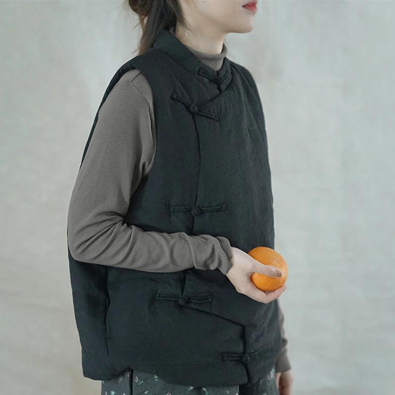 

Autumn Winter New Cotton Vest Women s Stand Collar Quilted Ethnic Style Handmade Buckle Retro Jacket S чорний