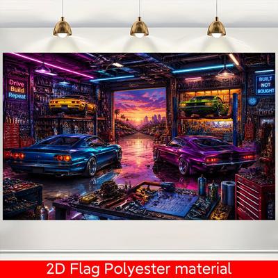 1 Piece of 2D Flat Banner, Modified Sports Car In the Garage, Made of Polyester Fiber Materialdjh