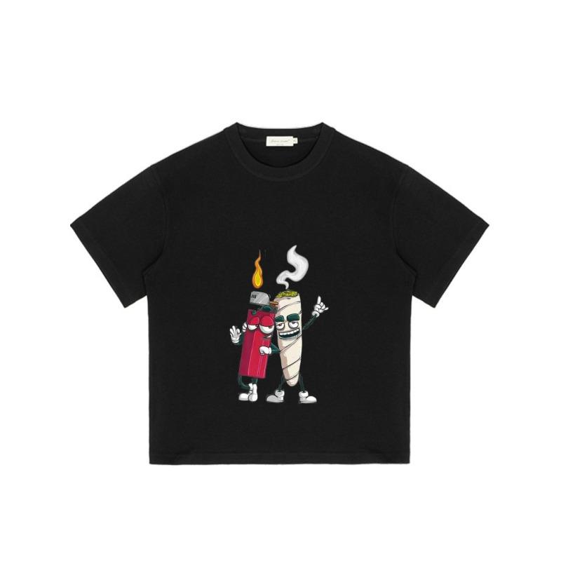 Crew Neck T Shirt Black Lighter and Joint Cartoon Print Casual Wear for Men and Women Streetwear Fashion Summer Outfit