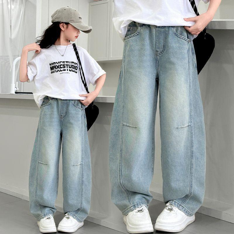 Girls Spring Autumn Loose Curved Jeans Fashionable Wide Leg Pants For Big Kids Trendy Casual Trousers 120