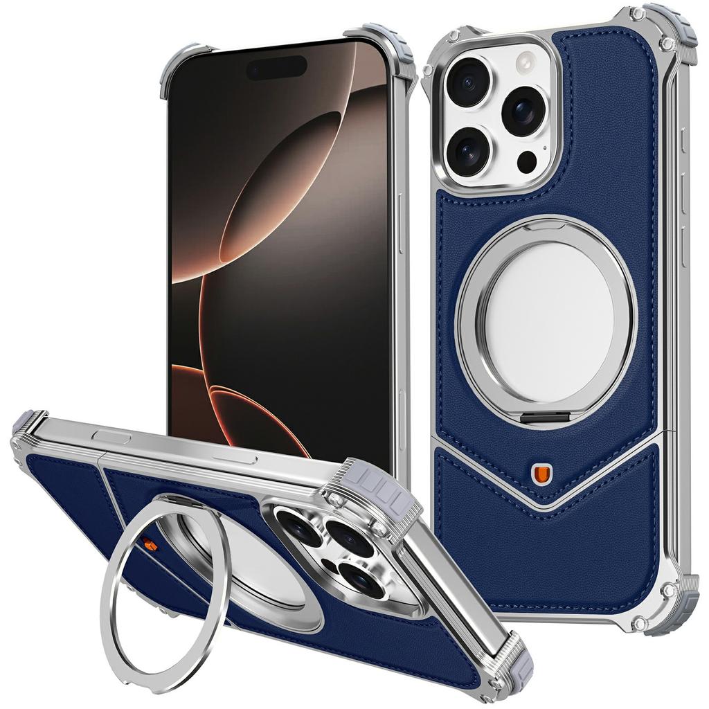 For iPhone 16 Pro Case PU Covered Metal Boardless Phone Back Cover with Kickstand