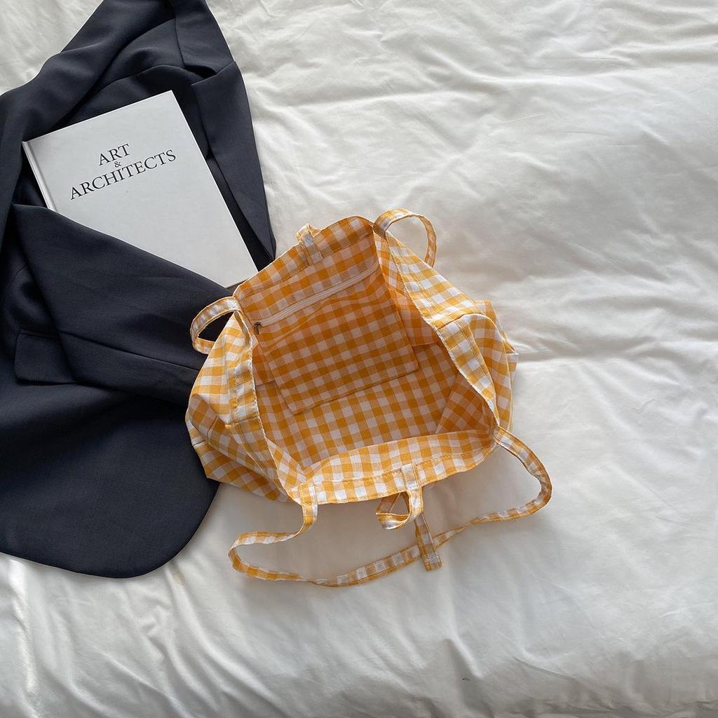 Korean Plaid Canvas Shoulder Bag - Trendy, Literary Style for College Students