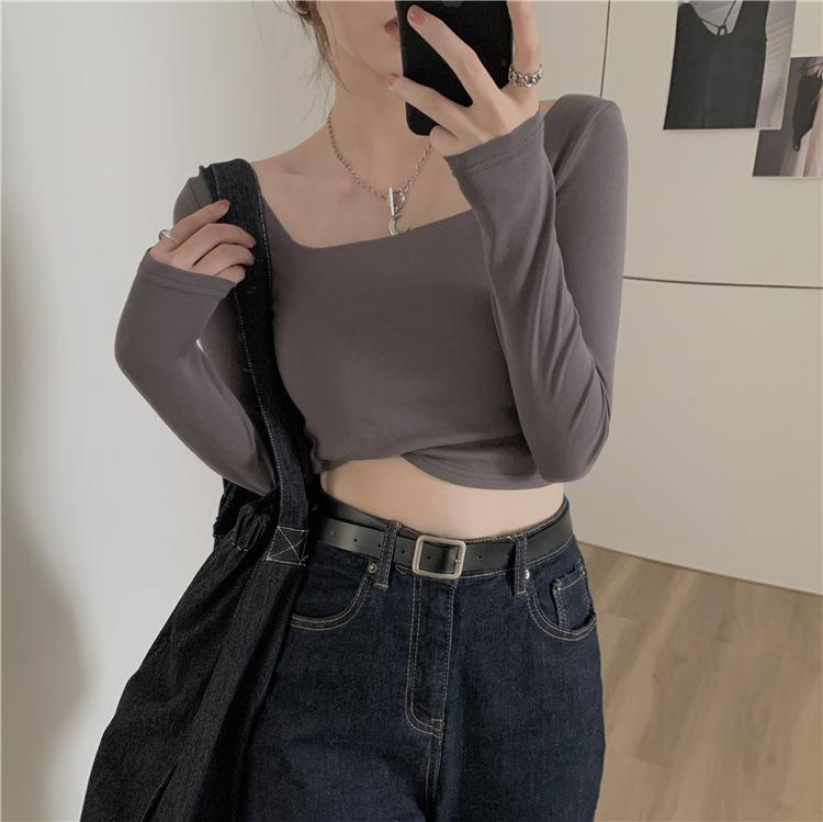 Camisetas negras cortas para mujer, camisetas ajustadas de manga larga, camisetas informales lisas con cuello cuadrado.